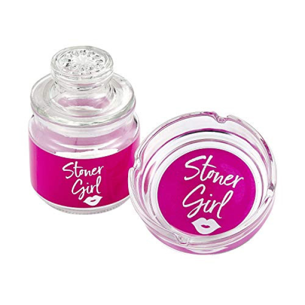 GLASS STASH JAR & ASHTRAY - 82476 PINK STONER GIRL