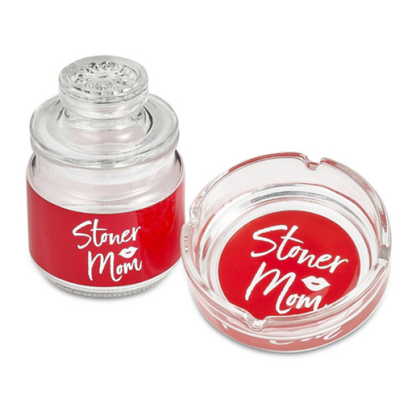 GLASS STASH JAR & ASHTRAY - 82536 RED STONER MOM