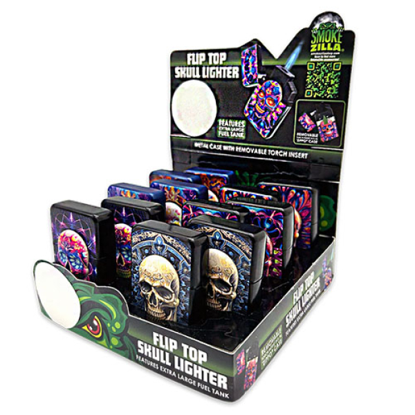 SMOKEZILLA LIGHTER 024370 SKULL FLIP TOP 12CT - ASSORTED