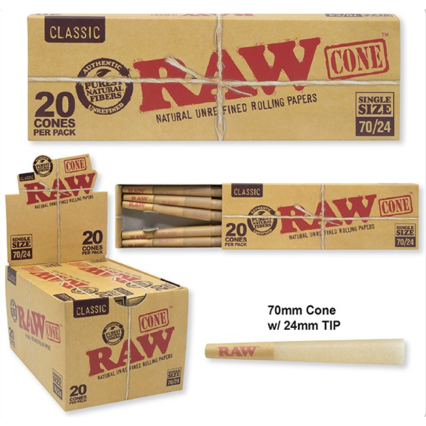 RAW CLASSIC 70/30MM CONES 20PK 12/DISPLAY